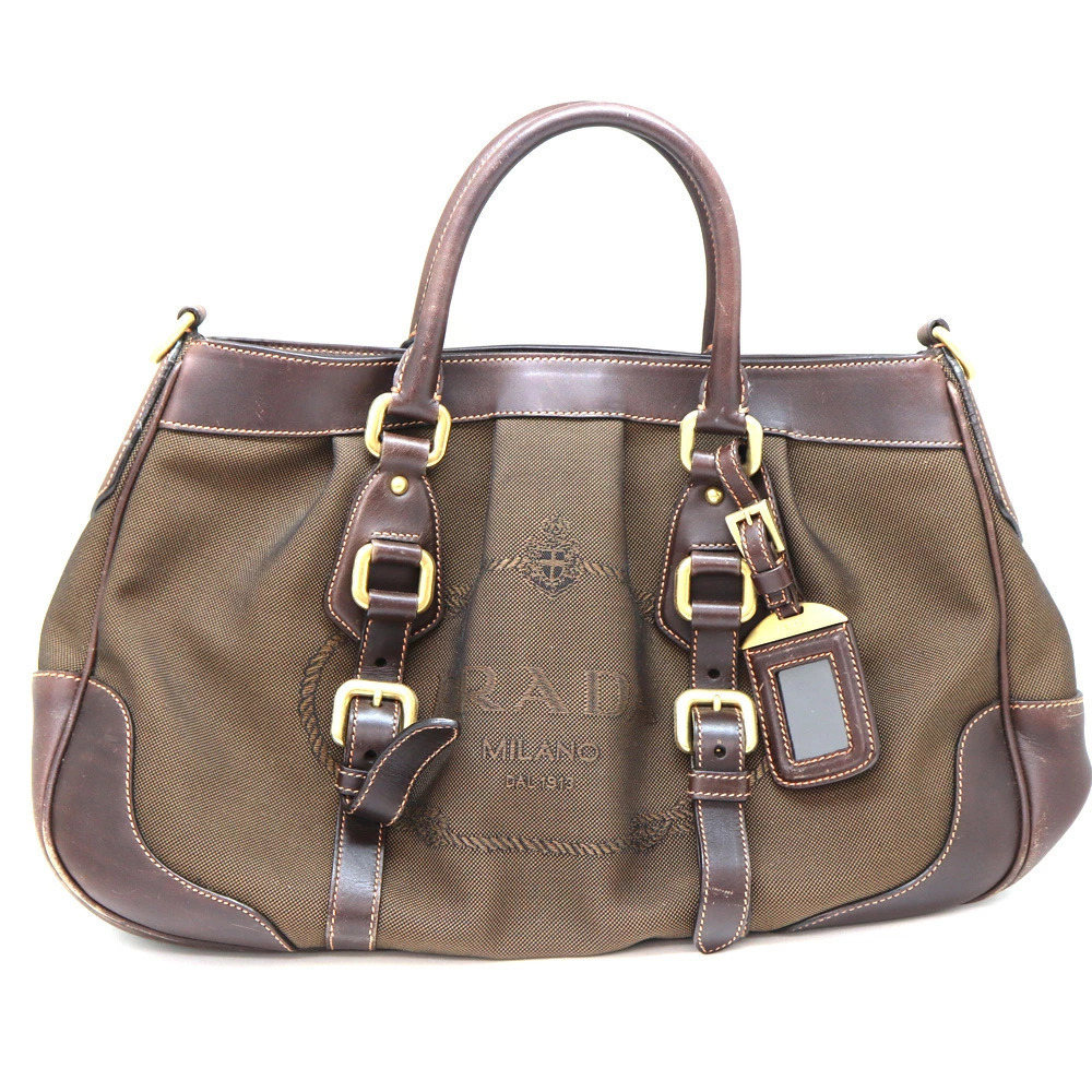 Prada Jacquard Handbag Brown Canvas Leather